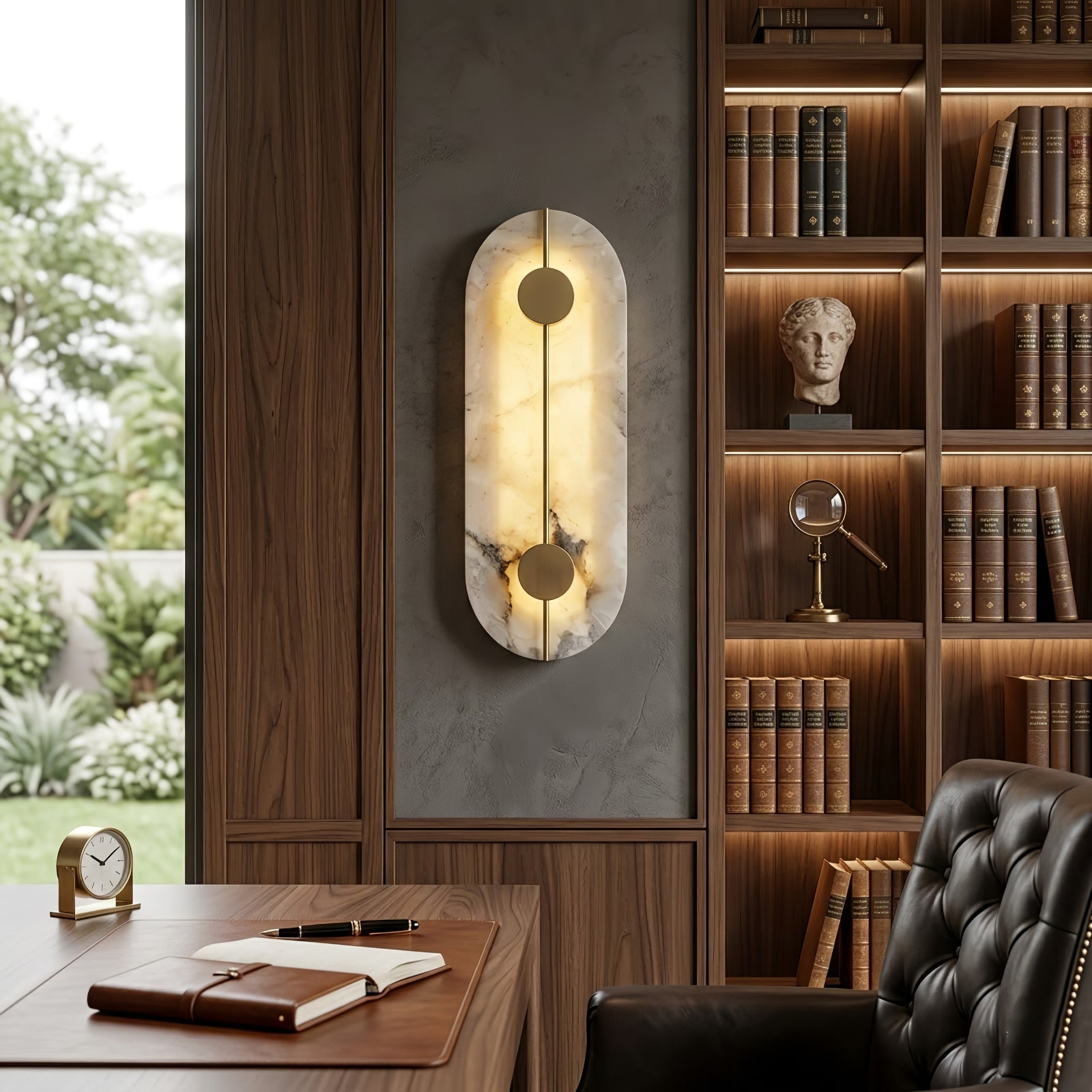 Geometric Capsule Natural Alabaster Wall Sconce - Executive Study & Bookshelf Sconce | HoaiLamp