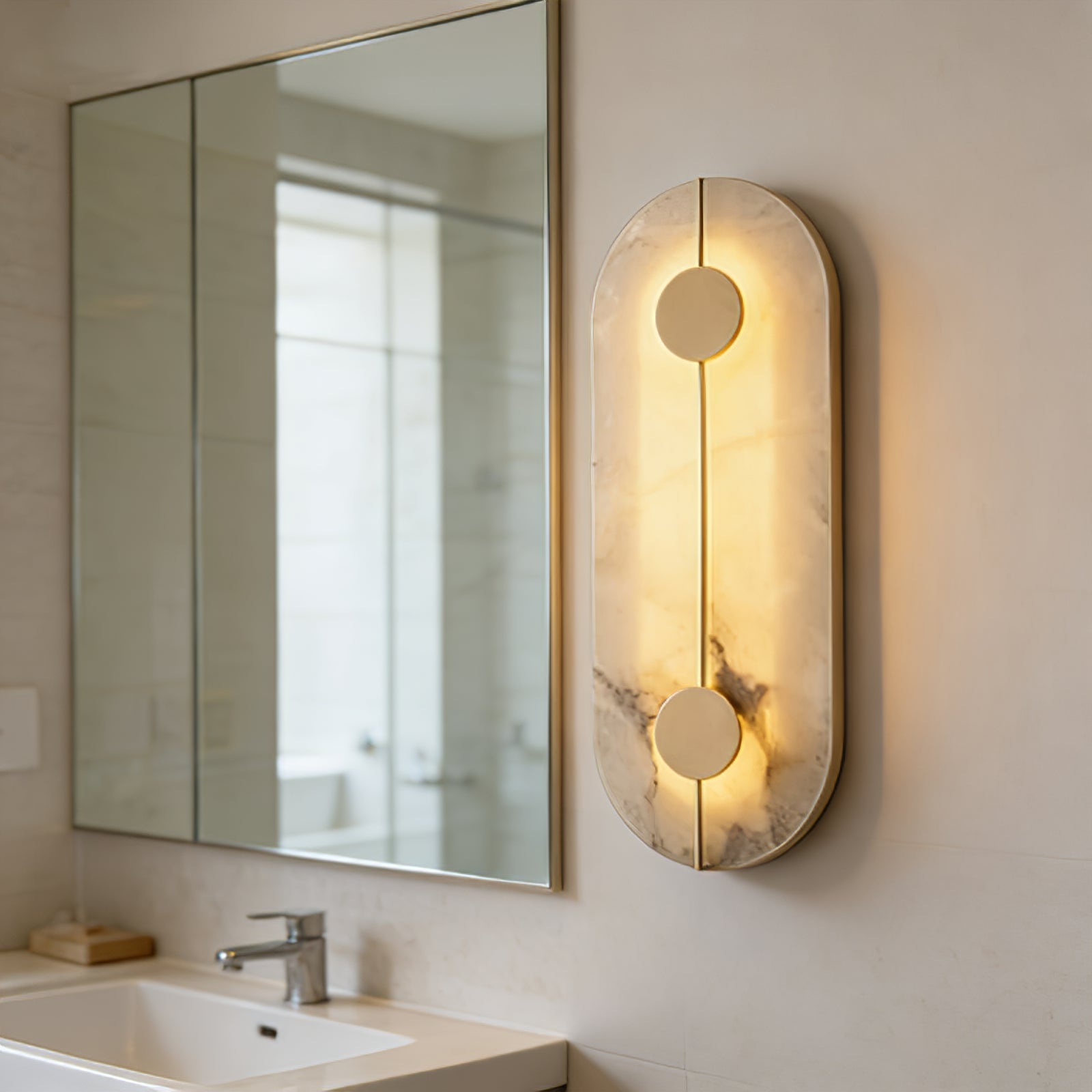 Geometric Capsule Natural Alabaster Wall Sconce - Elegant Marble Powder Room Light | HoaiLamp