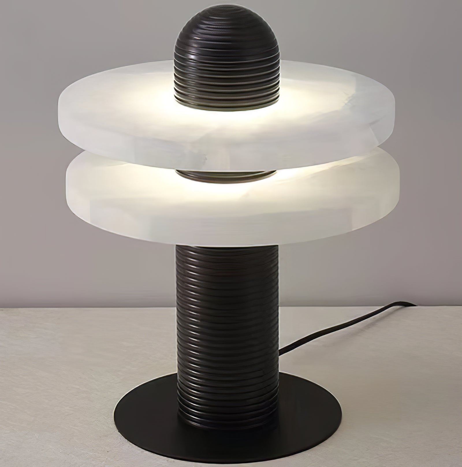 Geometric Layered Table Lamp - Matte Black Double Disk Standalone Slate Backdrop | HoaiLamp
