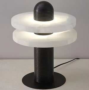 Geometric Layered Table Lamp - Matte Black Double Disk Standalone Slate Backdrop | HoaiLamp