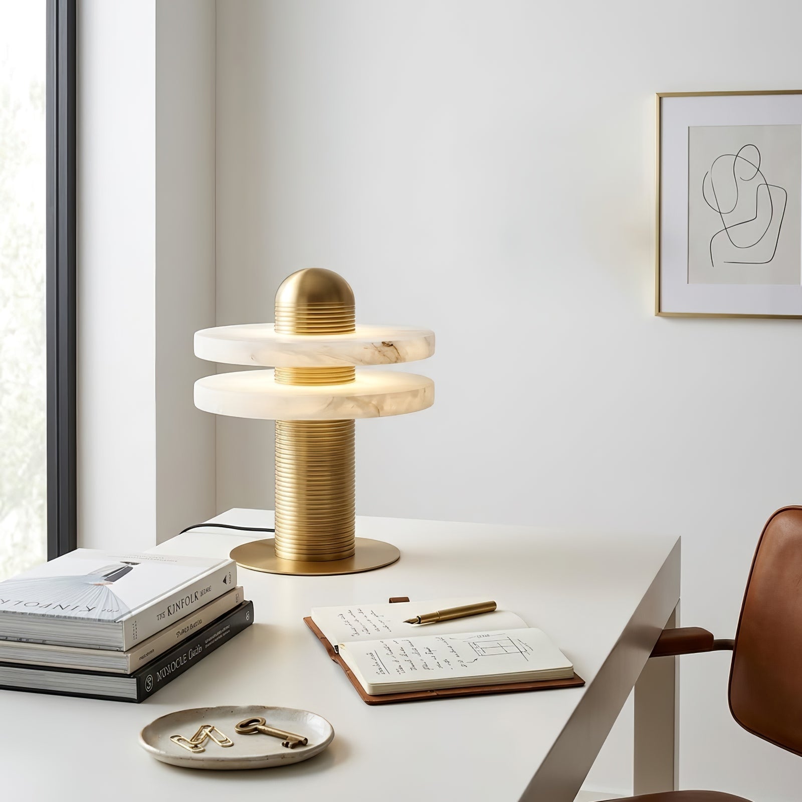Geometric Layered Table Lamp - Brass Double Disk Contemporary White Studio Table | HoaiLamp