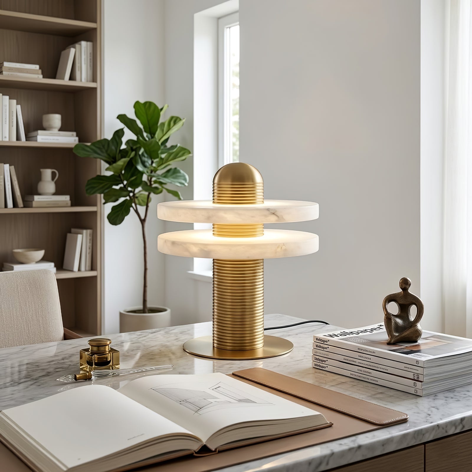 Geometric Layered Table Lamp - Brass Double Disk Creative Reading Nook Workspace | HoaiLamp