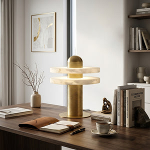 Geometric Layered Table Lamp - Brass Double Disk Executive Wooden Office Desk | HoaiLamp