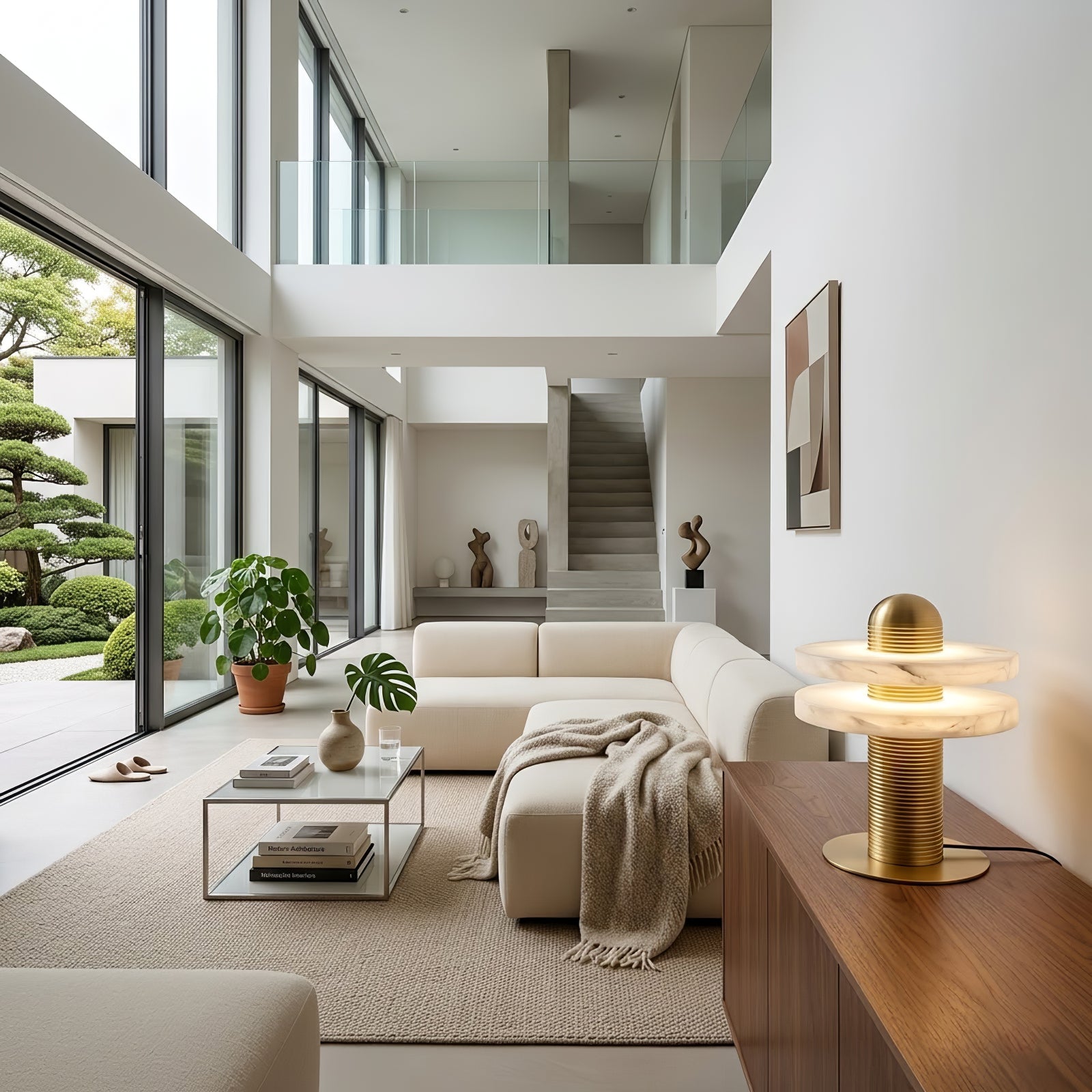 Geometric Layered Table Lamp - High Ceiling Luxury Villa Lounge Sectional Sofa Arrangement | HoaiLamp
