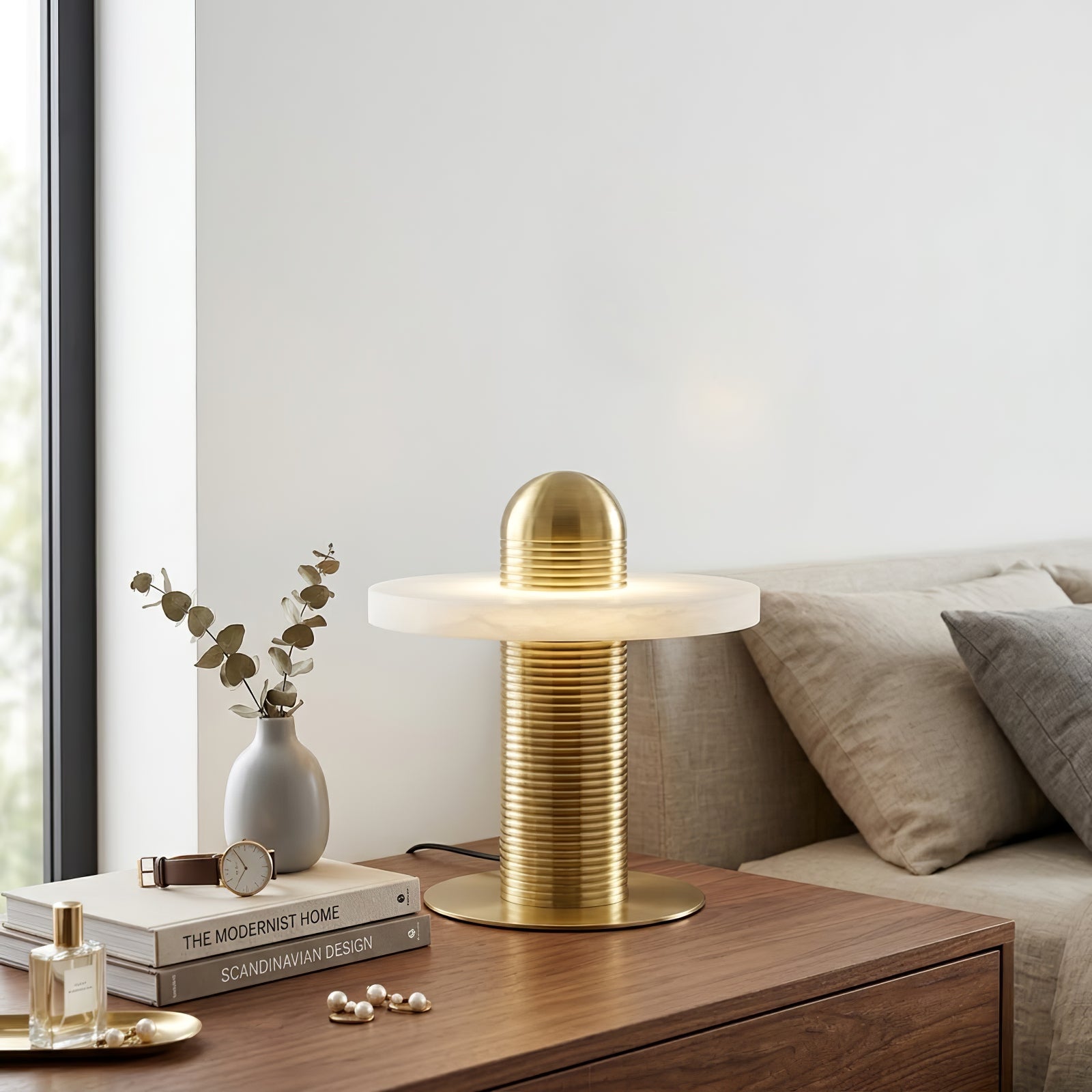 Geometric Layered Table Lamp - Brass Single Disk Serene Parlor Accent Coffee Set | HoaiLamp