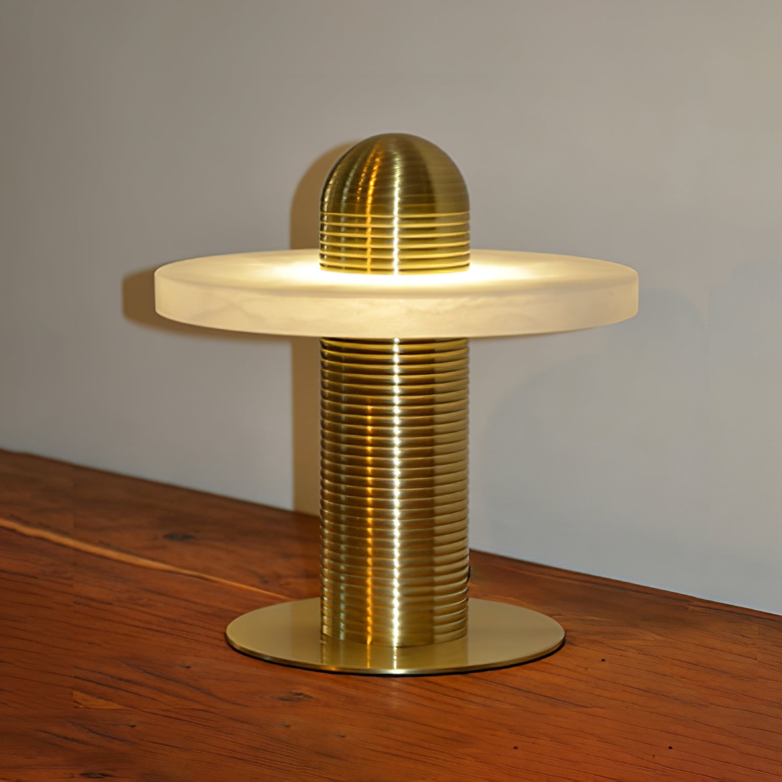 Geometric Layered Table Lamp - Brass Single Disk Polished Timber Surface Glow | HoaiLamp