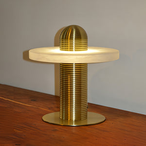 Geometric Layered Table Lamp - Brass Single Disk Polished Timber Surface Glow | HoaiLamp