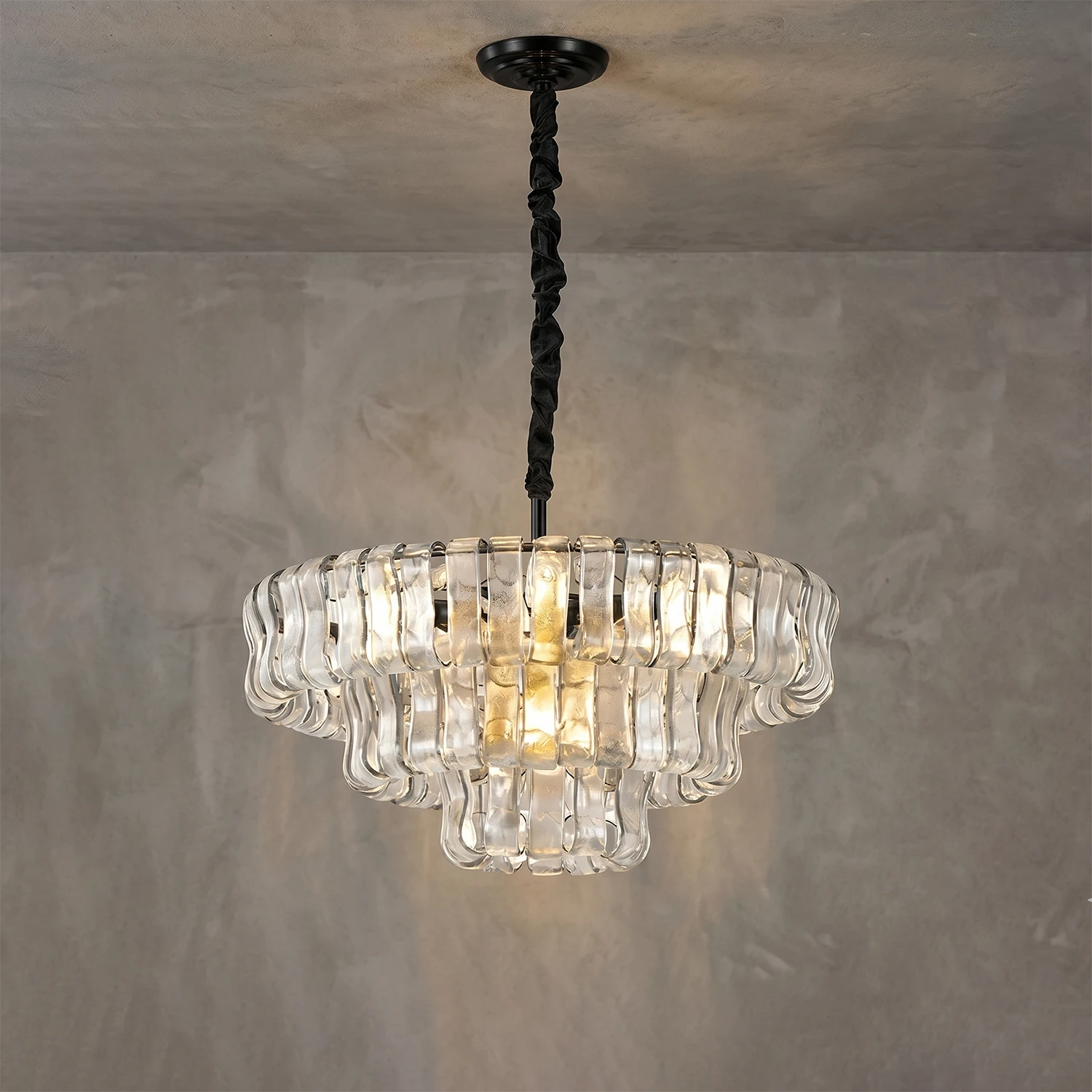Glacii Ring Glass Chandelier - 3-Tier Crystal Glass Black Pendant | HoaiLamp