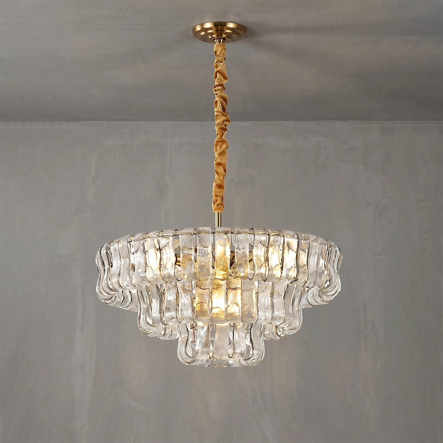 Glacii Ring Glass Chandelier - 3-Tier Clear Glass Gold Pendant | HoaiLamp