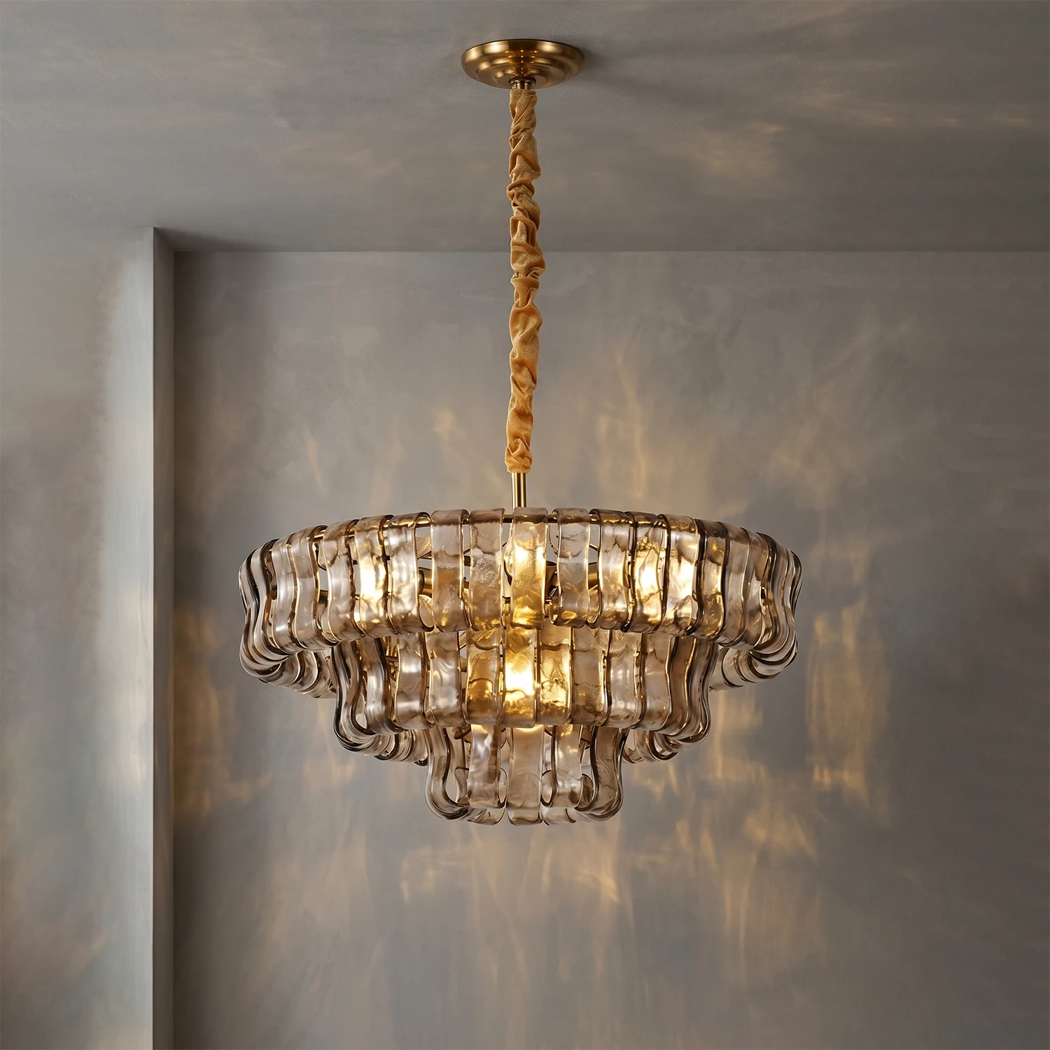 Glacii Ring Glass Chandelier - 3-Tier Amber Glass Gold Chandelier | HoaiLamp