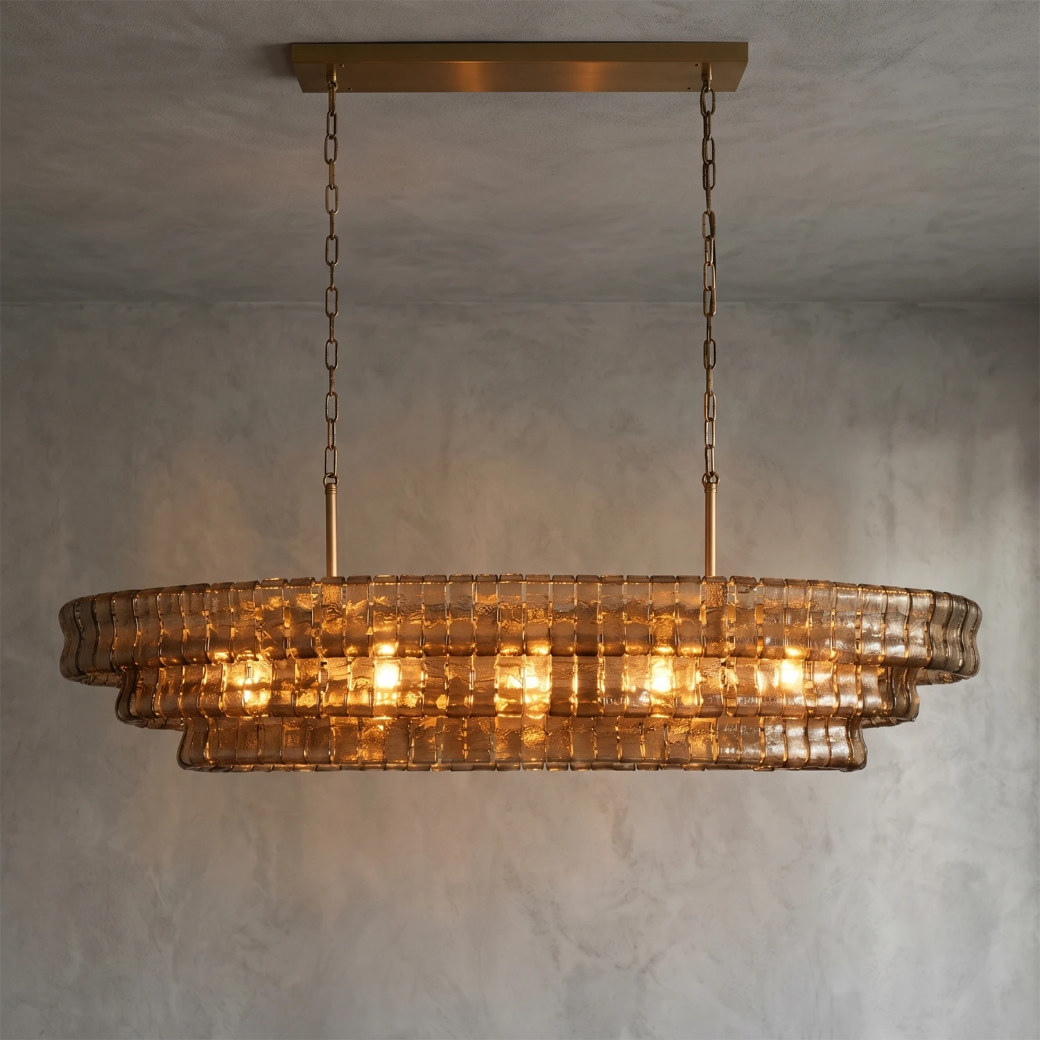 Glacii Ring Glass Chandelier - 3-Tier Smoke Glass Gold Linear Dining Light | HoaiLamp