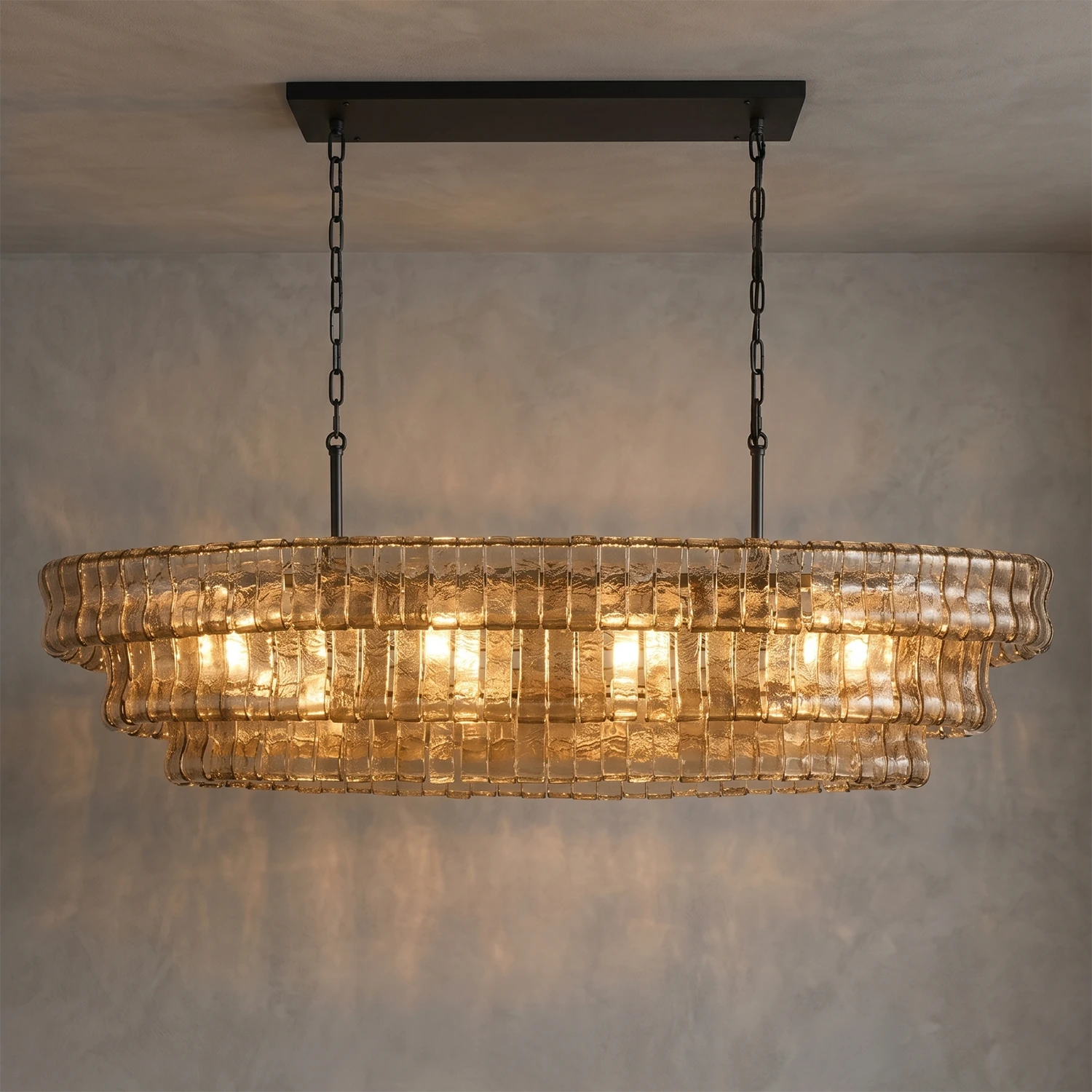 Glacii Ring Glass Chandelier - 3-Tier Smoke Glass Black Linear Island Light | HoaiLamp