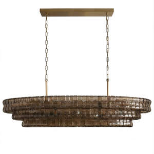 Glacii Ring Glass Chandelier - 3-Tier Smoke Glass Gold Linear Dining Light | HoaiLamp