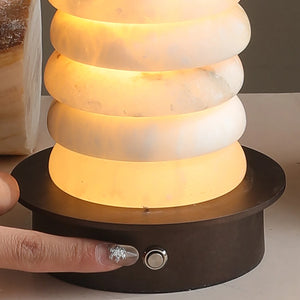 Multi-Tiered Alabaster Table Lamp - Feature Detail Finger Touching Metallic Dimmer Switch Button | HoaiLamp