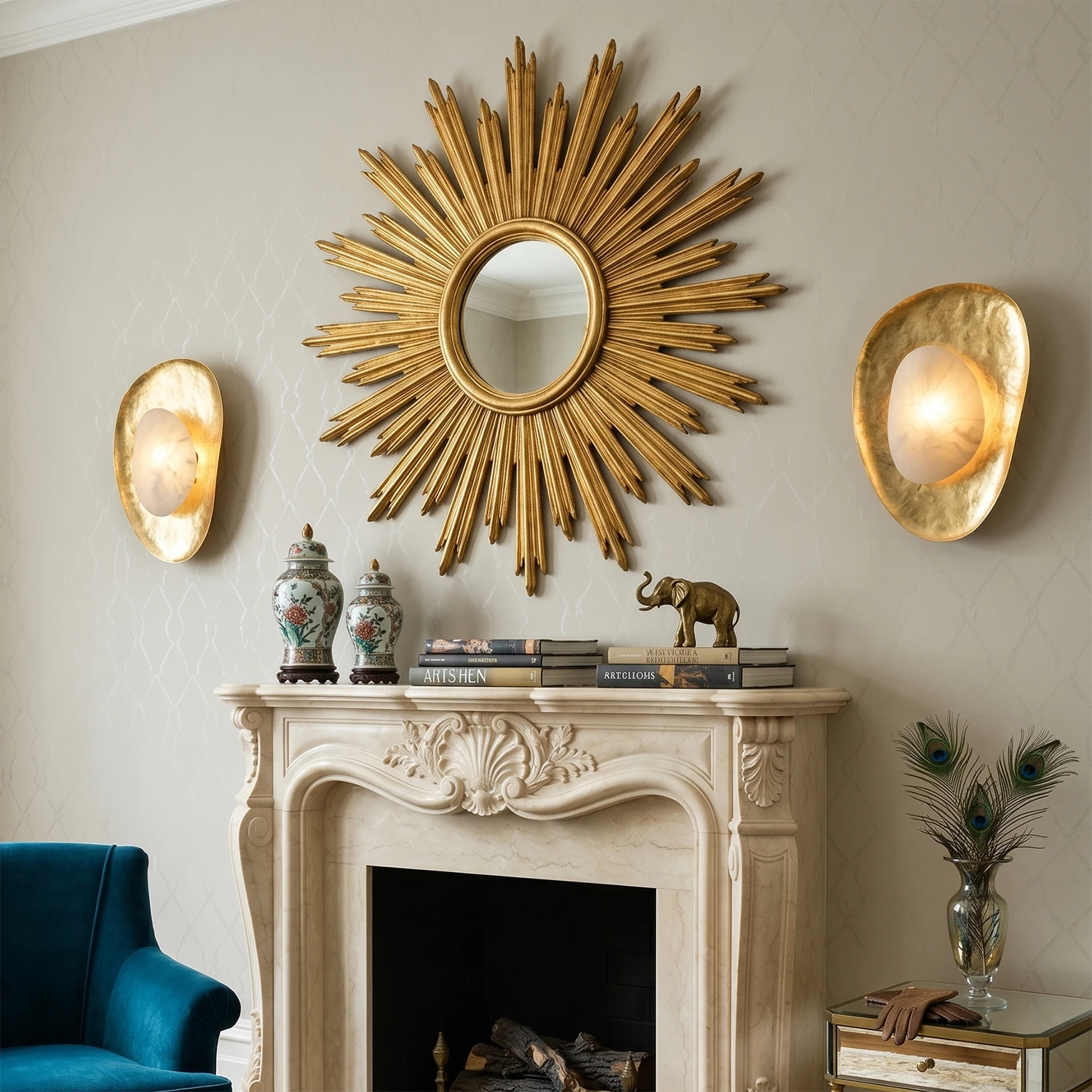 Hand crafted hammered metal lotus leaf wall sconce on classic fireplace sides