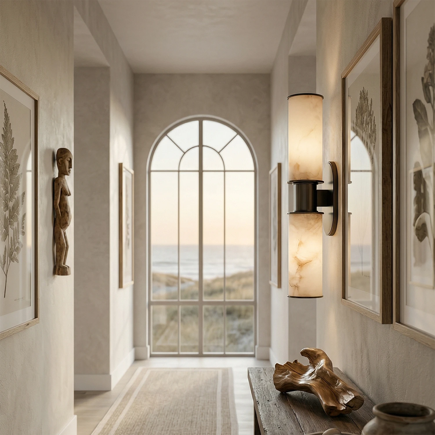 Harlyn Alabaster Sconce - Sunset Hallway Perspective | HoaiLamp