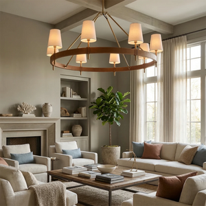 Hastings Leather Chandelier - Large Round Ring 8 Light Classic Fireplace Family Living Room | HoaiLamp