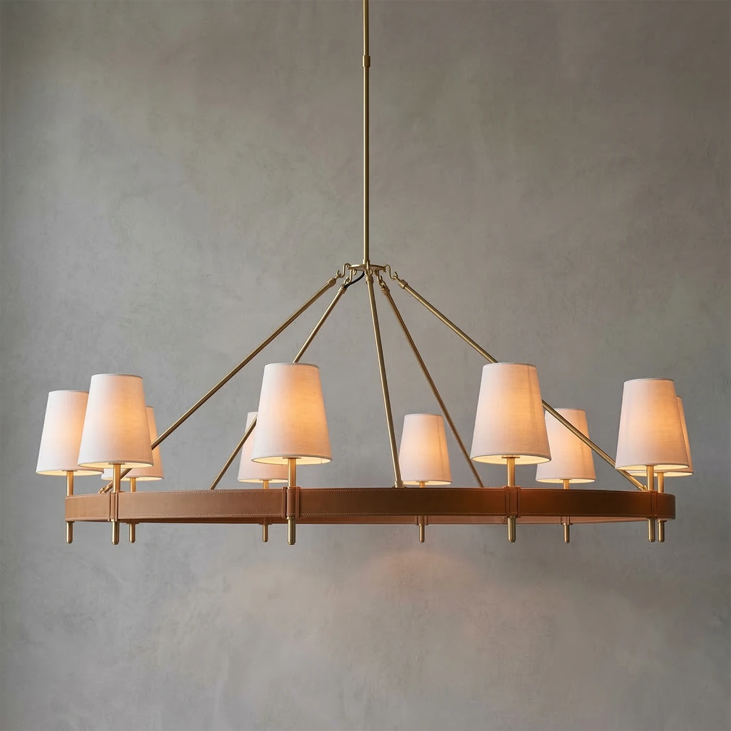 Hastings Leather Chandelier - Large Round Ring Multi Light Slanted Wire Cables Studio | HoaiLamp
