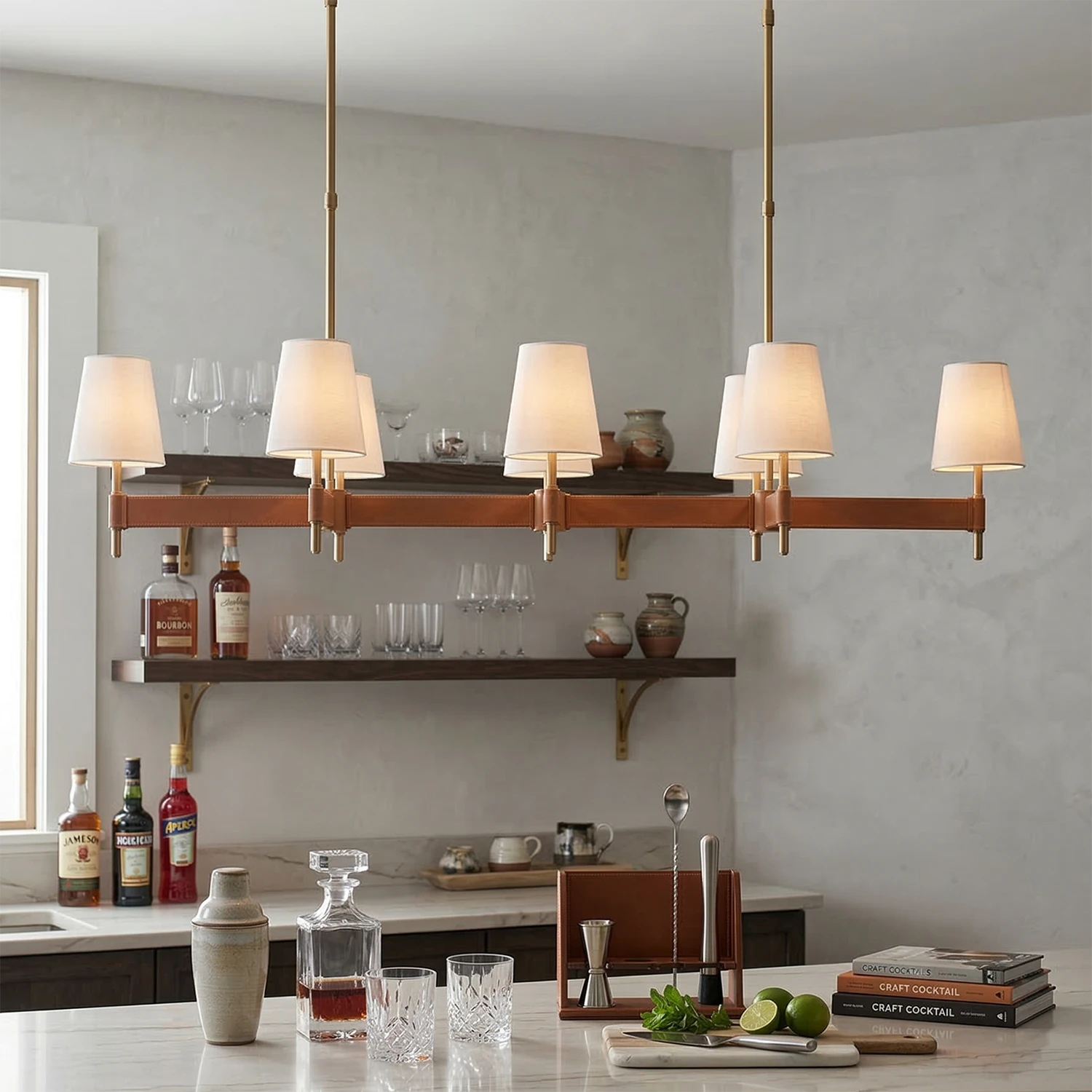 Hastings Leather Chandelier - Linear 6 Light Contemporary Home Bar Bistro Vibe | HoaiLamp