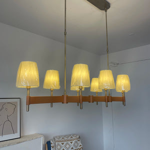 Hastings Leather Chandelier - Linear 6 Light Illuminated Frontal View Ambient Lighting | HoaiLamp