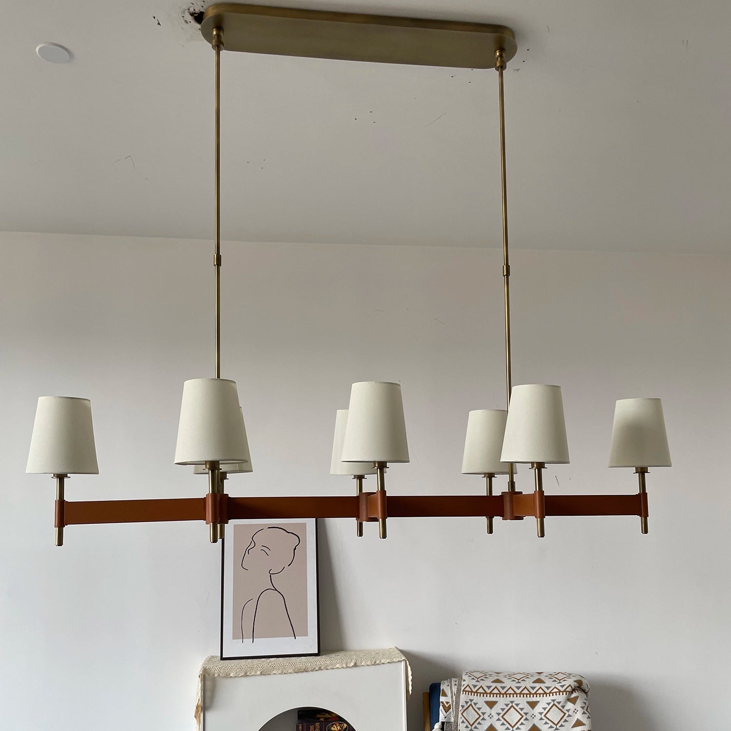 Hastings Leather Chandelier - Linear 6 Light Off-State Dual Stem Showroom Display | HoaiLamp