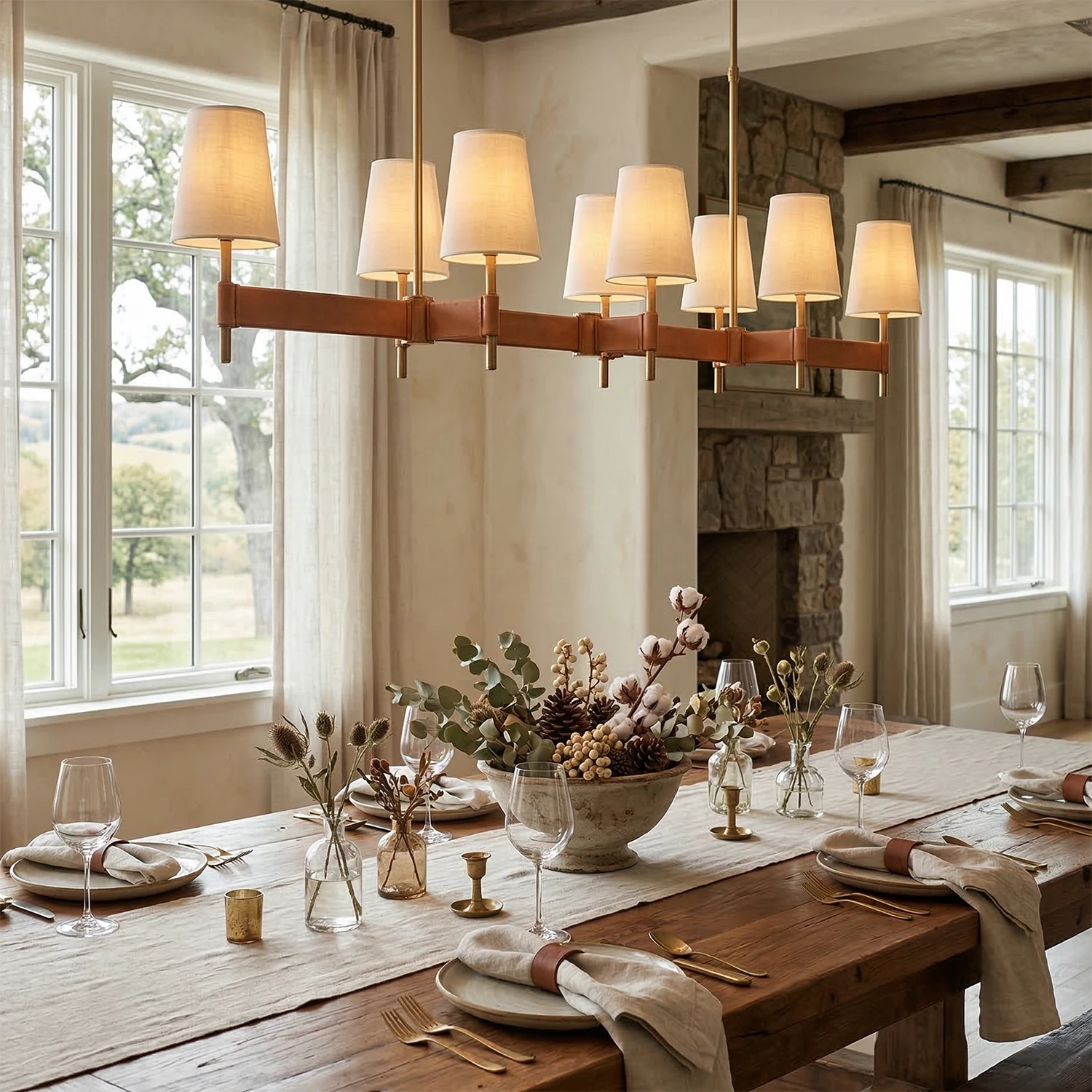 Hastings Leather Chandelier - Linear 8 Light Grand Dining Room Long Wooden Table | HoaiLamp