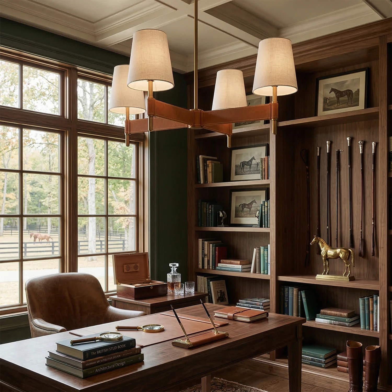 Hastings Leather Chandelier - Round Ring 6 Light Mid-Century Executive Work Desk Suite | HoaiLamp