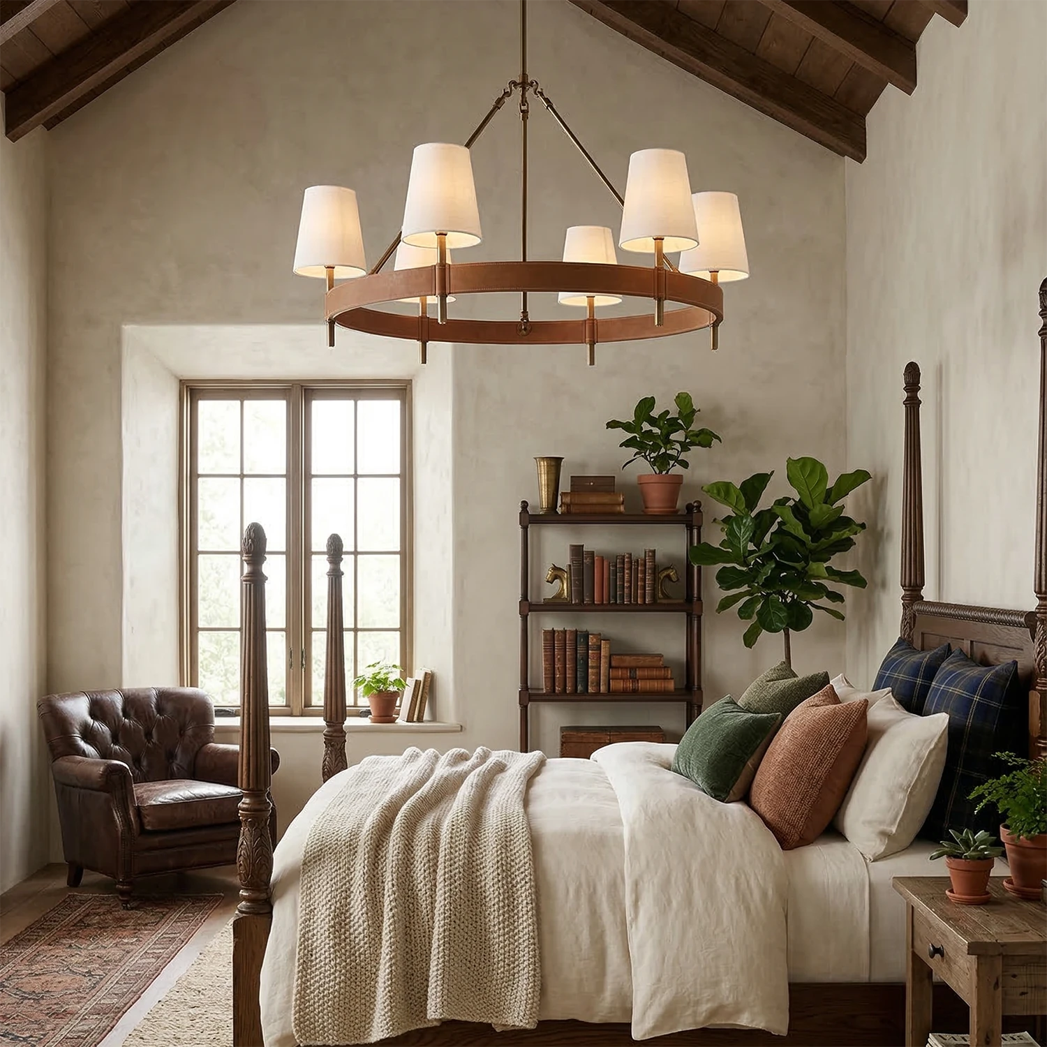 Hastings Leather Chandelier - Round Ring 6 Light Rustic Cathedral Ceiling Master Bedroom | HoaiLamp