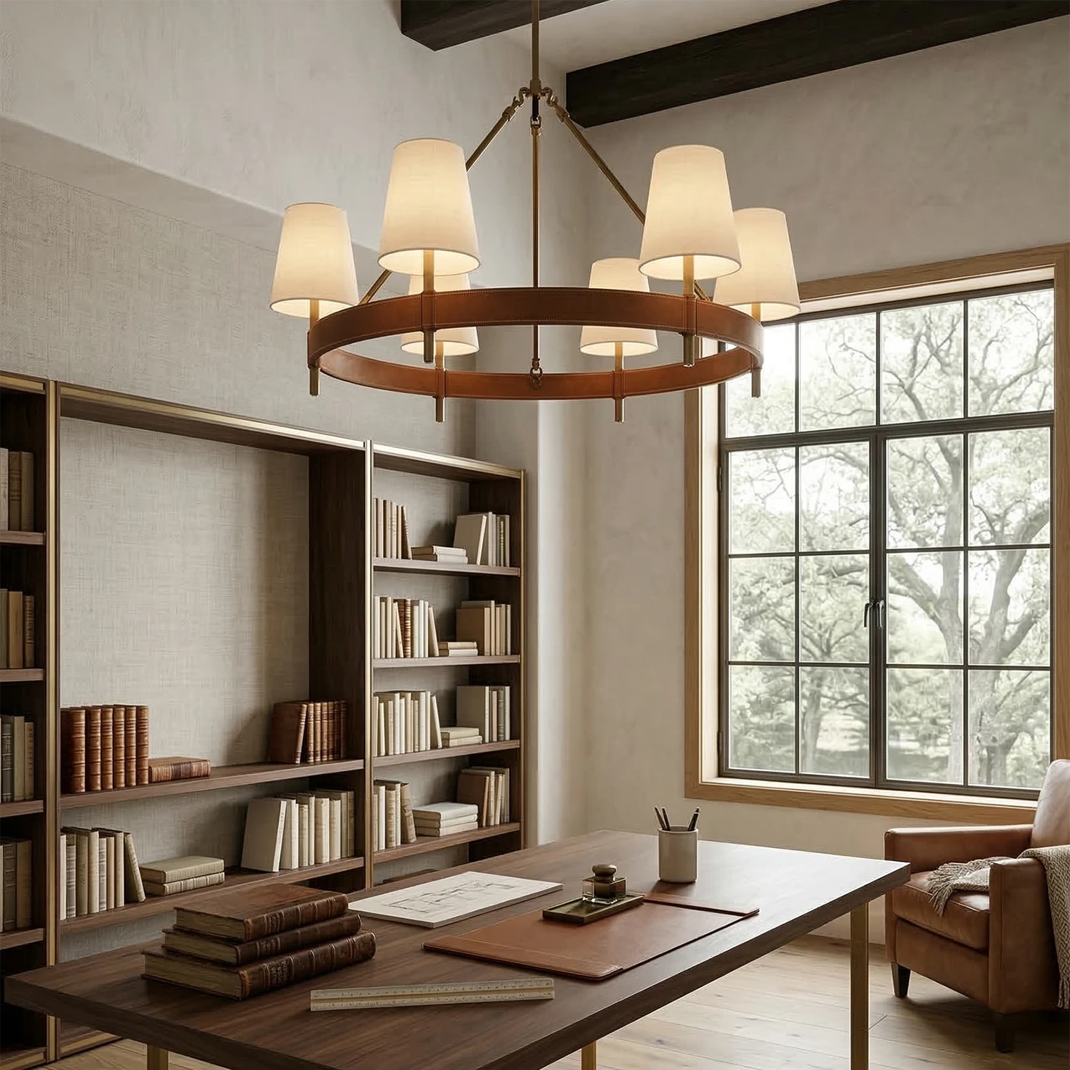 Hastings Leather Chandelier - Round Ring 6 Light Traditional Home Office Workspace Study | HoaiLamp