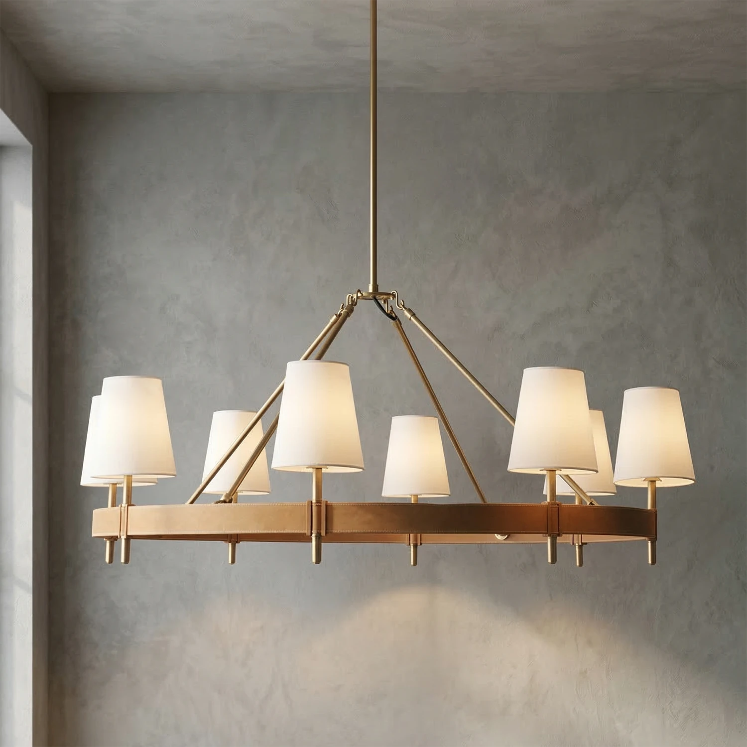Hastings Leather Chandelier - Round Ring 8 Light Triple Rod Balanced Ray | HoaiLamp