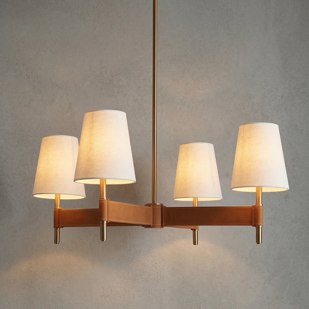 Hastings Leather Chandelier - Cross Arm 4 Light Illuminated Minimalist Studio Showcase | HoaiLamp