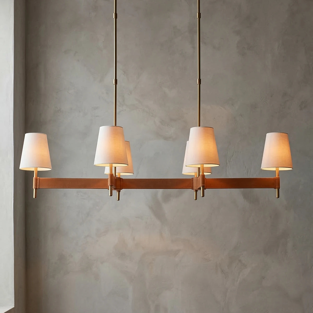 Bramley Leather & Copper Chandelier - Linear 6 Light Illuminated Glow | HoaiLamp