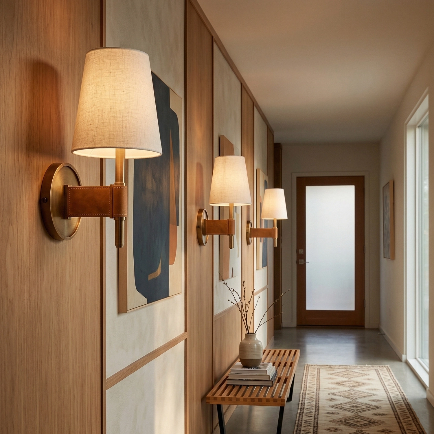 Hastings Leather Wall Lamp - Single And Double Sconces Luxury Corridor Wood Paneling | HoaiLamp