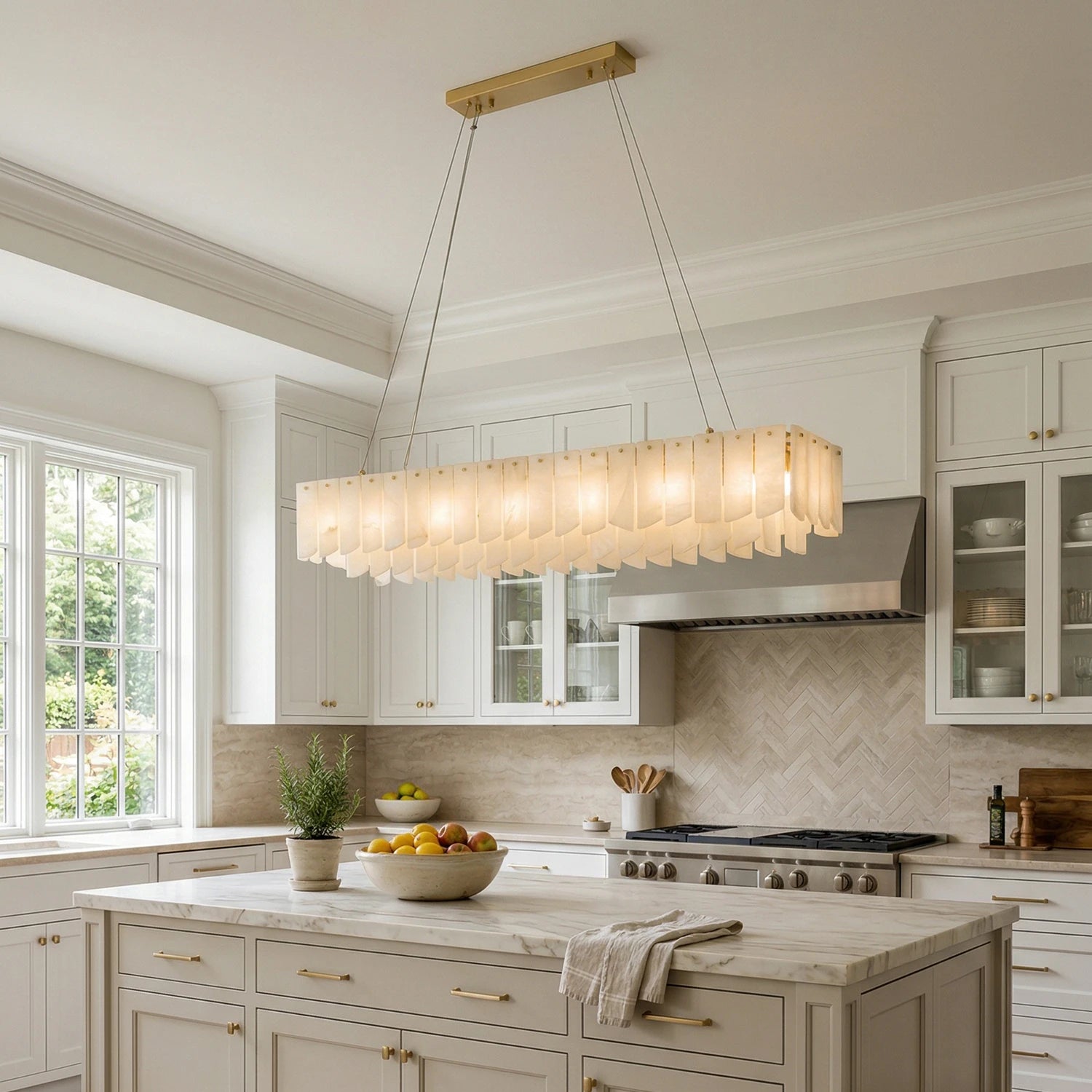 Cascade Alabaster Tiered Brass Chandelier-Kitchen Island Linear Pendant - Brass & Stone Symphony | HoaiLamp
