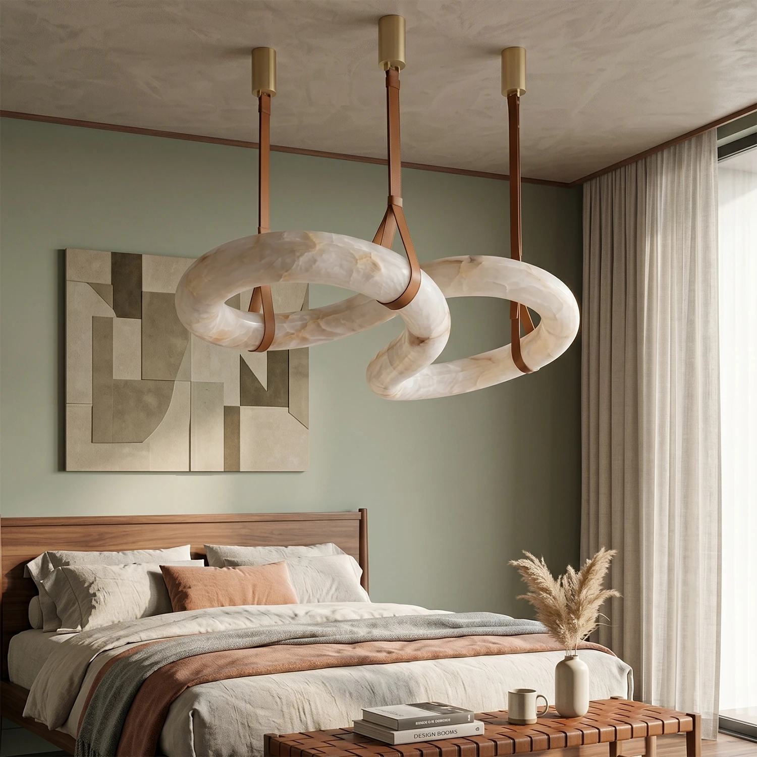 Infinity Hanging Light - Cozy Bedroom Sage Green Accent Wall Wood Bedframe | HoaiLamp