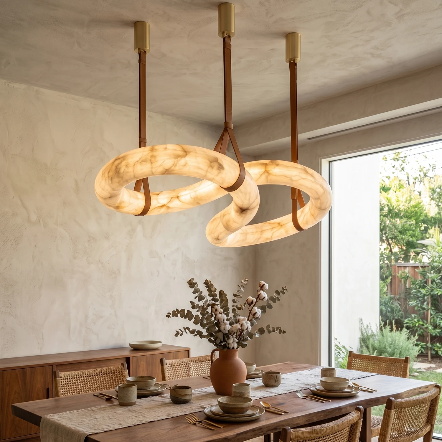 Infinity Hanging Light - Transitional Dining Room Long Wood Table Bright Window | HoaiLamp