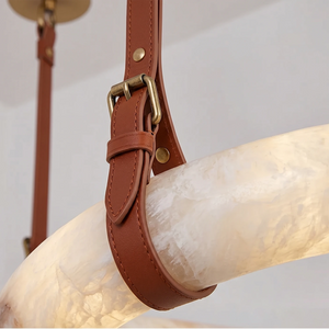 Infinity Hanging Light - Macro Close Up Leather Saddle Strap Brass Buckle Detail | HoaiLamp