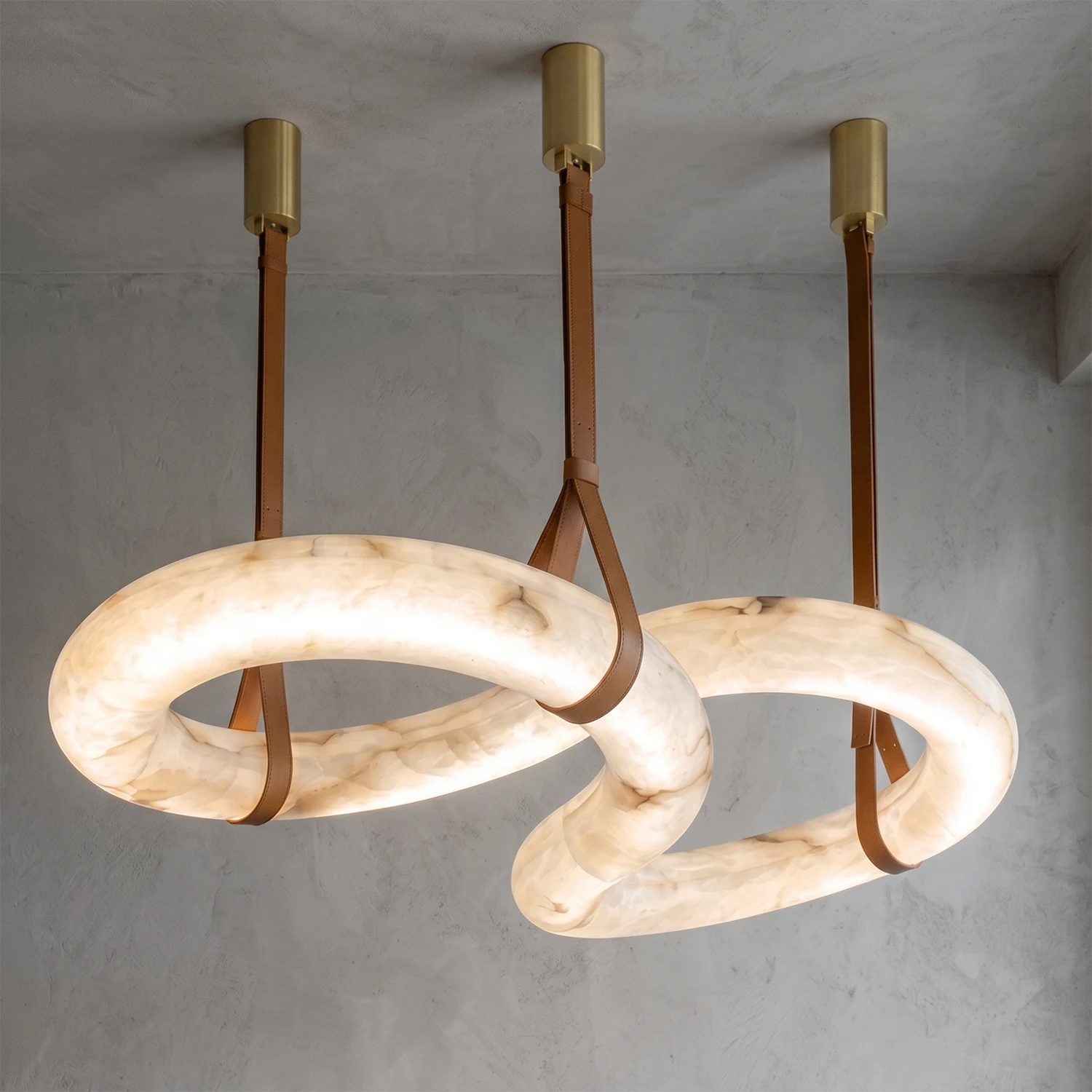 Infinity Hanging Light - Studio Grey Backdrop Interlocking Loops Warm Lit | HoaiLamp