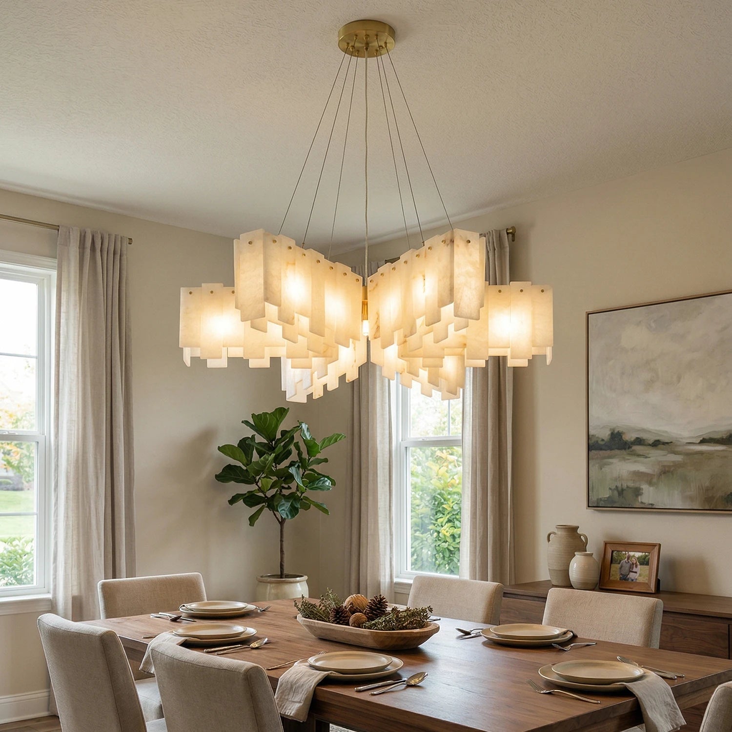 Cascade Alabaster Tiered Brass Chandelier-Dining Room Wide Linear - Modern French Elegance | HoaiLamp

