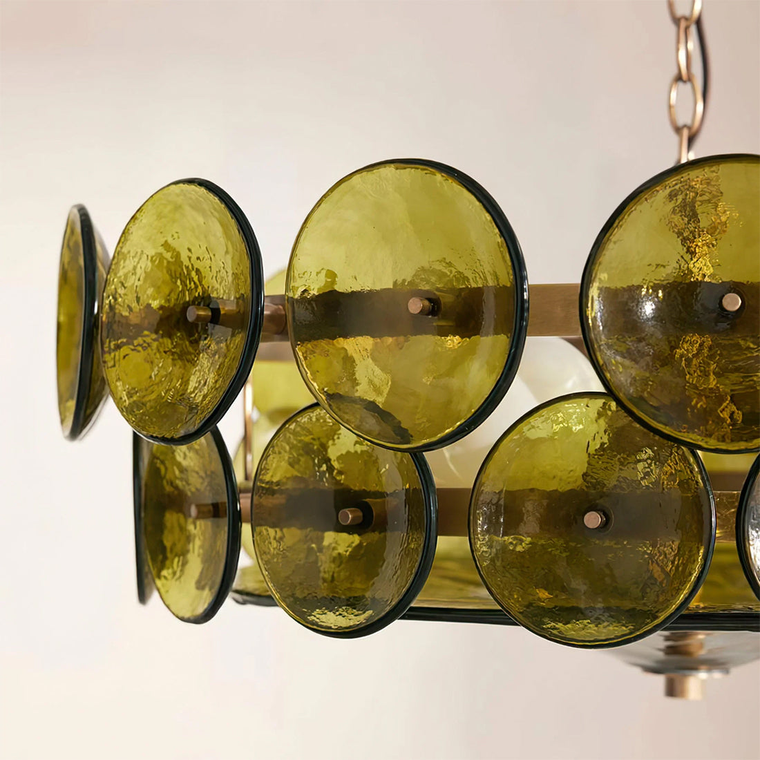 Italian Murano Style Glass Disc Chandelier - Close Up Layered Olive Green Discs | HoaiLamp