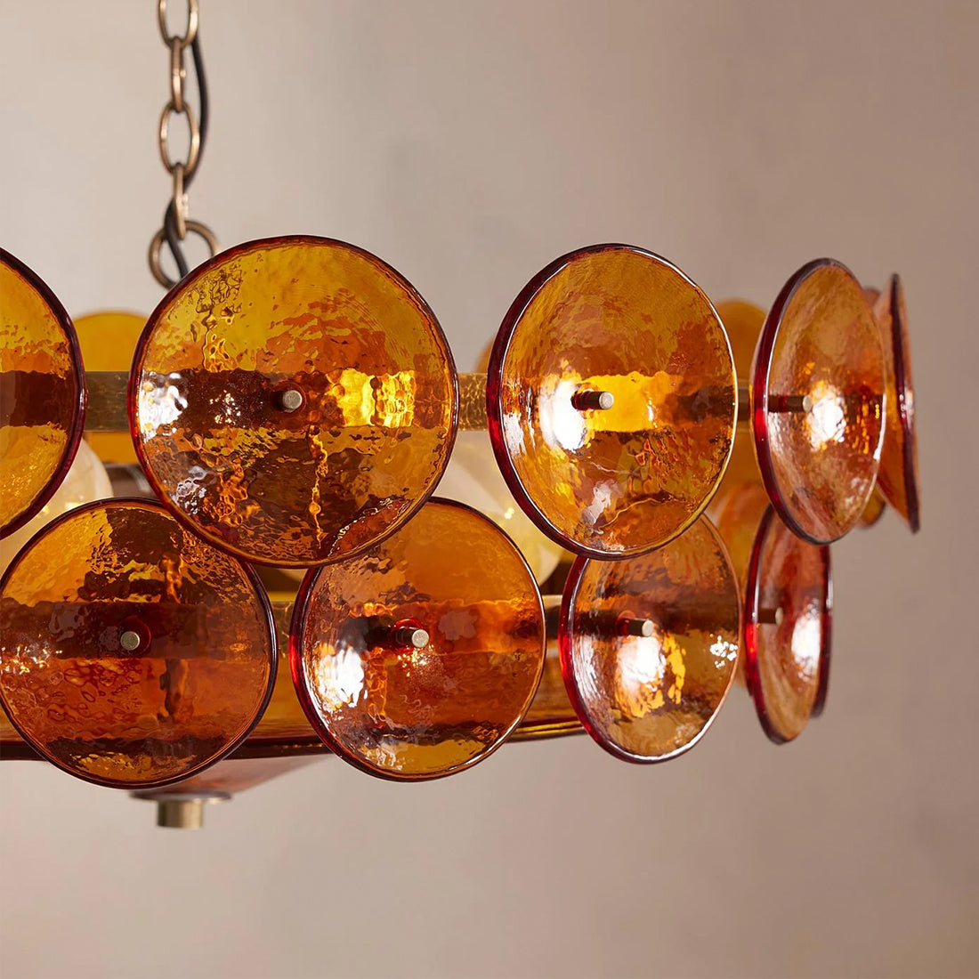 Italian Murano Style Glass Disc Chandelier - Close Up Side Profile Amber | HoaiLamp