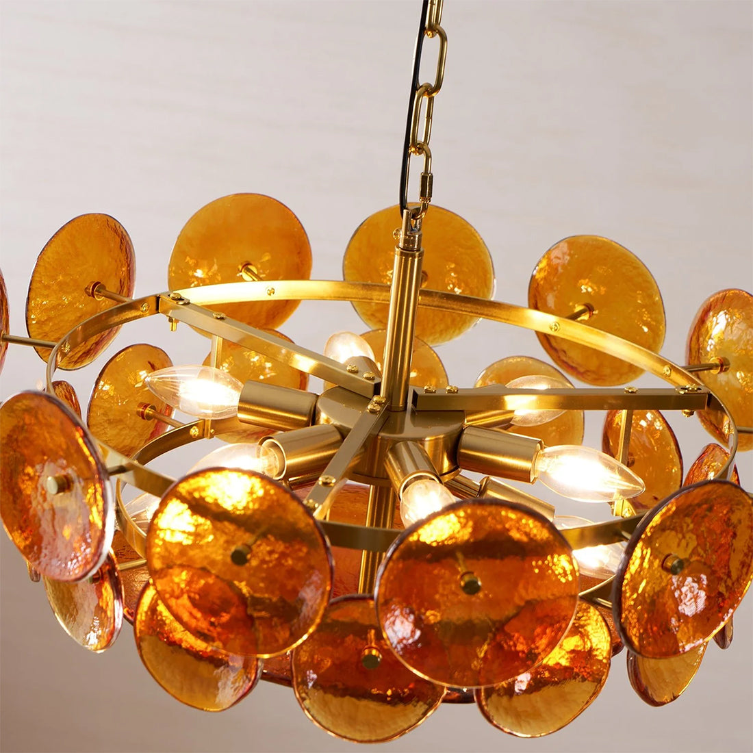 Italian Murano Style Glass Disc Chandelier - Looking Up Warm Glow Amber | HoaiLamp