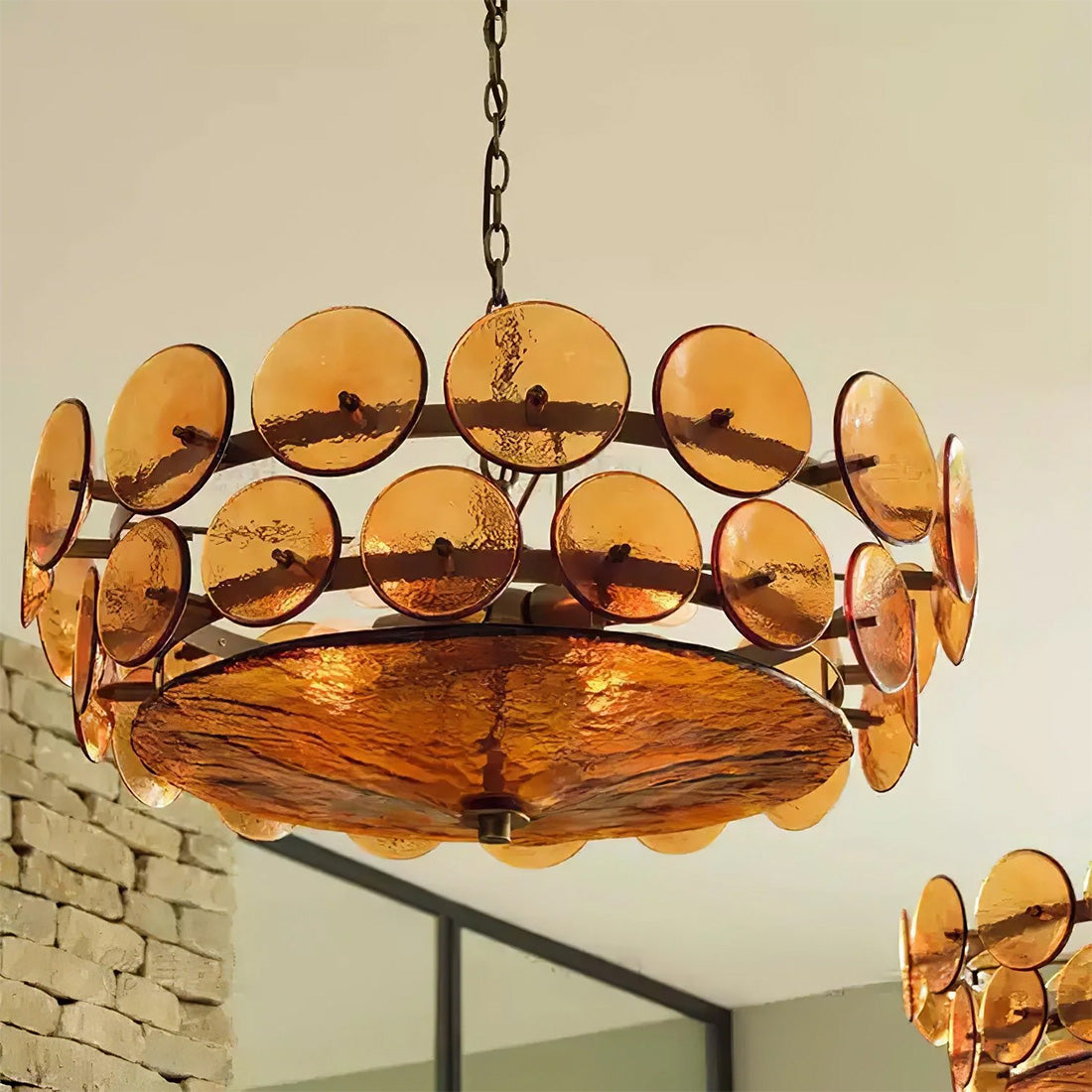 Italian Murano Style Glass Disc Chandelier - Low Angle Close Up Cascading Glass Discs Brass Frame Amber | HoaiLamp