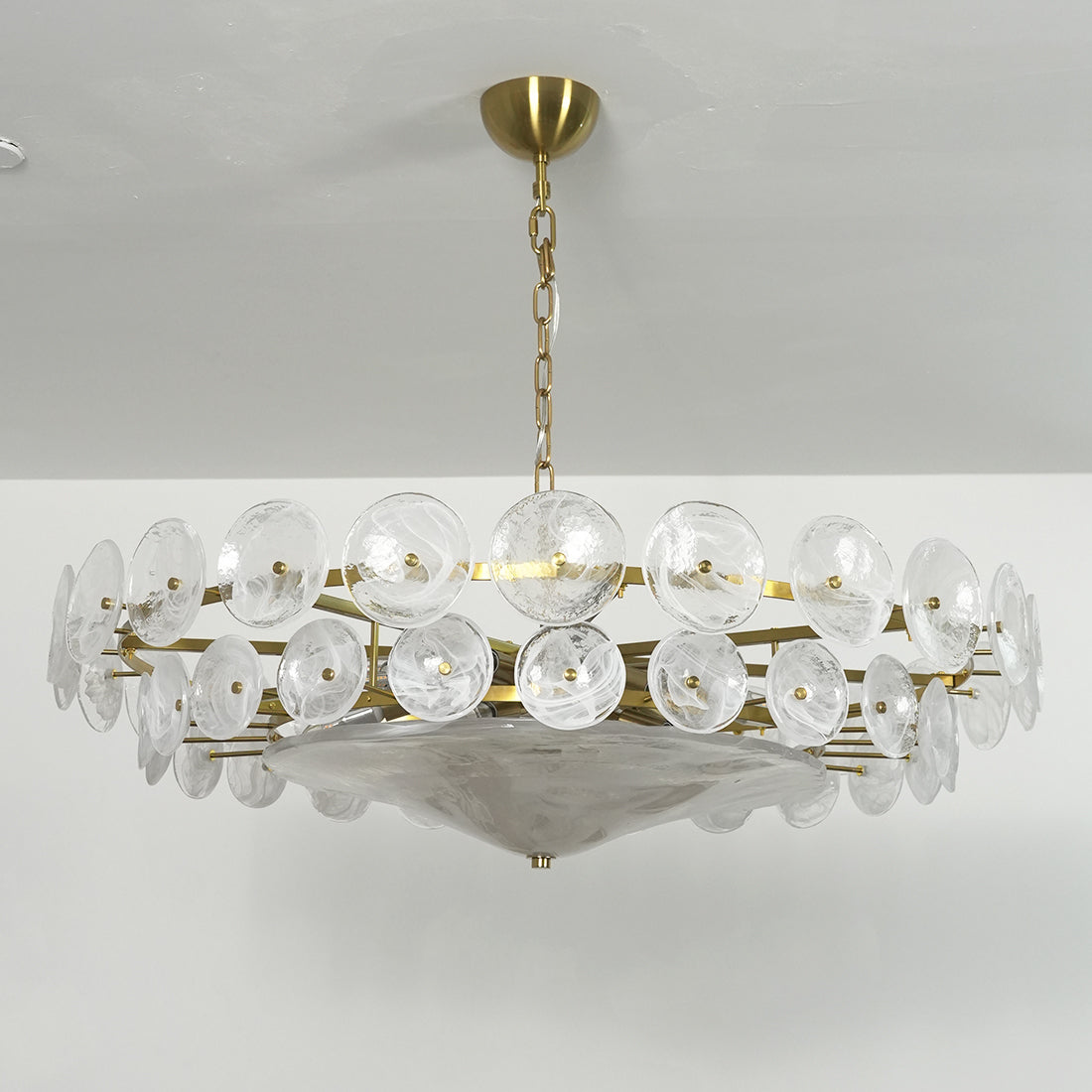 Italian Murano Style Glass Disc Chandelier - Low Angle White Ceiling Frosted White | HoaiLamp