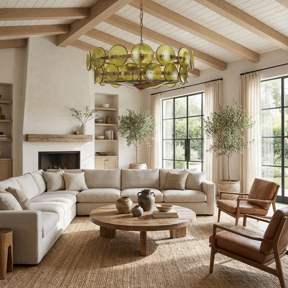 Italian Murano Style Glass Disc Chandelier - Luxury Living Room Exposed Ceiling Beams White Sectional Olive Green | HoaiLamp