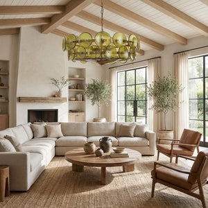 Italian Murano Style Glass Disc Chandelier - Luxury Living Room Exposed Ceiling Beams White Sectional Olive Green | HoaiLamp