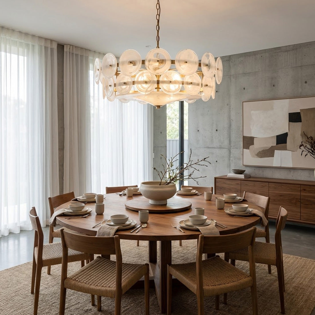 Italian Murano Style Glass Disc Chandelier - Minimalist Dining Room Large Wooden Table Linen Chairs White | HoaiLamp