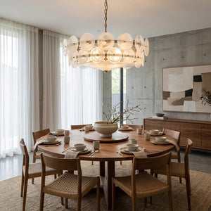 Italian Murano Style Glass Disc Chandelier - Minimalist Dining Room Large Wooden Table Linen Chairs White | HoaiLamp