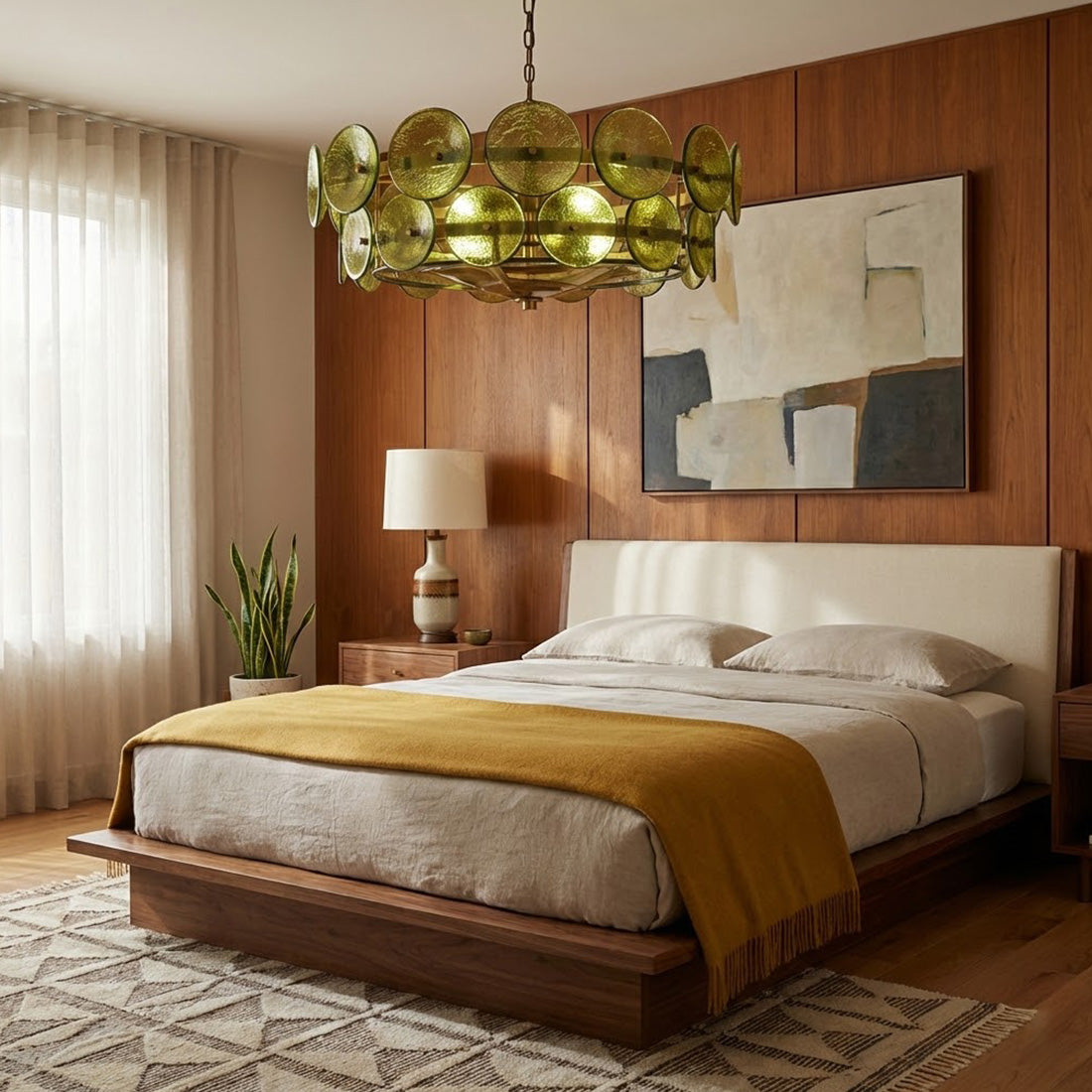 Italian Murano Style Glass Disc Chandelier - Modern Bedroom Wood Veneer Paneling Leather Bed Olive Green | HoaiLamp