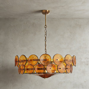 Italian Murano Style Glass Disc Chandelier - Studio Grey Background Lit Amber | HoaiLamp